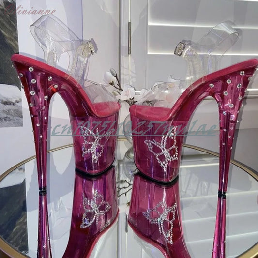 Crystals Butterfly Decor Pink Platform Slippers Stiletto High Heel Back Blingbling Crystal Mirrored Dance Shoes for Women 2026