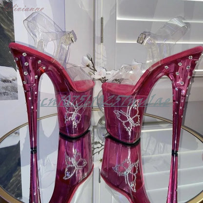 Crystals Butterfly Decor Pink Platform Slippers Stiletto High Heel Back Blingbling Crystal Mirrored Dance Shoes for Women 2026