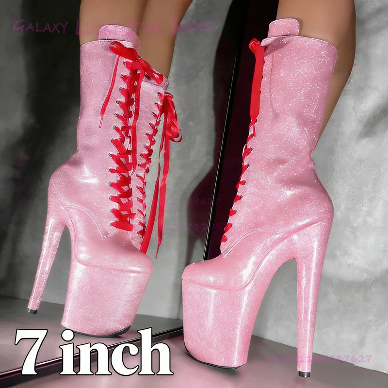 Sparkling Pink Fine Shimmer Glitter Pole Dance Boots Women Red Lace-Up 20Cm Platform White Bling Sequins Glossy Red Zipper Heels