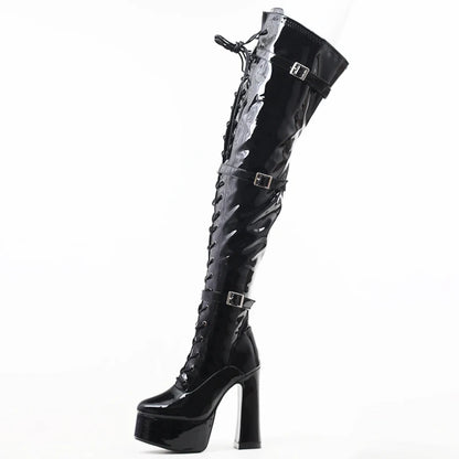 JIALUOWEI Gothic Women Lace Up Platform High Block Heel Punk Combat Thigh High Riding Boots
