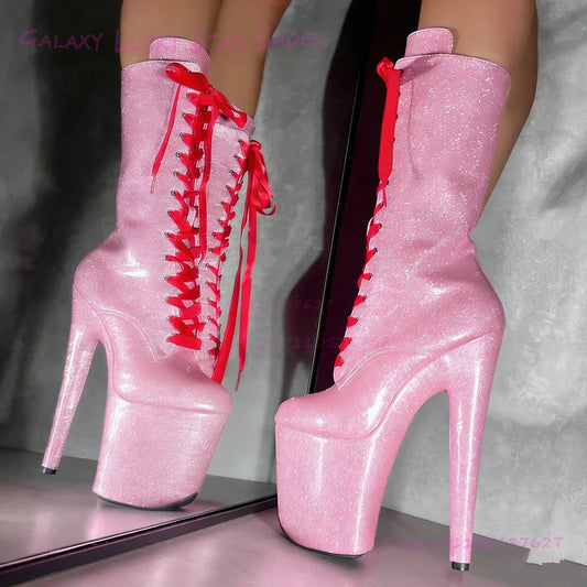 Sparkling Pink Fine Shimmer Glitter Pole Dance Boots Women Red Lace-Up 20Cm Platform White Bling Sequins Glossy Red Zipper Heels