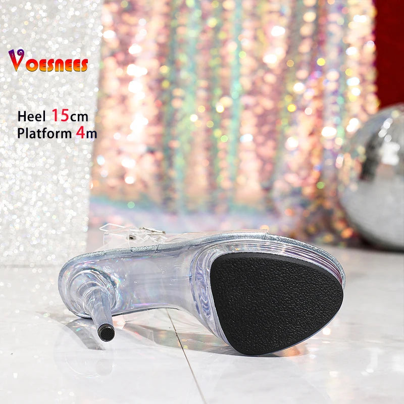 15CM Stiletto Stripper Pole Dance Shoes Glitters Platform Summer Transparent PVC Gladiator Sexy Sandals Women Crystal High Heels