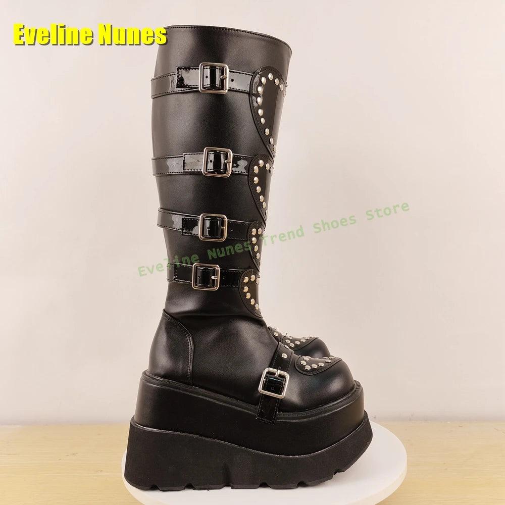 Heart Platform Wedge Knee High Boots Pink Round Toe Thick Sole Belt Buckle Women Y2K Sweet Cool Fashion Shoes Street Style 2025