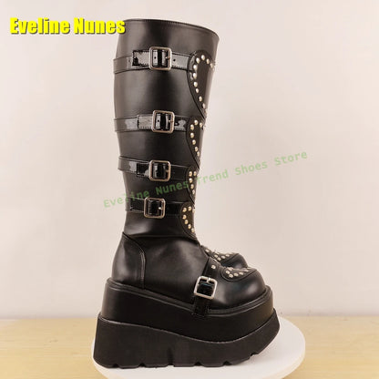 Heart Platform Wedge Knee High Boots Pink Round Toe Thick Sole Belt Buckle Women Y2K Sweet Cool Fashion Shoes Street Style 2025