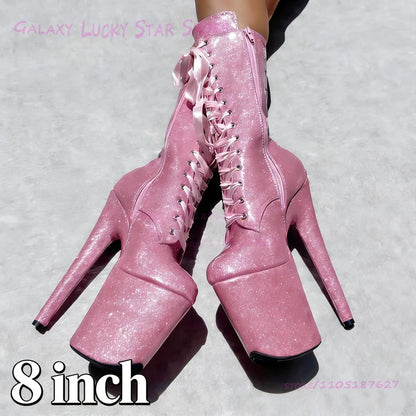 Sparkling Pink Fine Shimmer Glitter Pole Dance Boots Women Red Lace-Up 20Cm Platform White Bling Sequins Glossy Red Zipper Heels