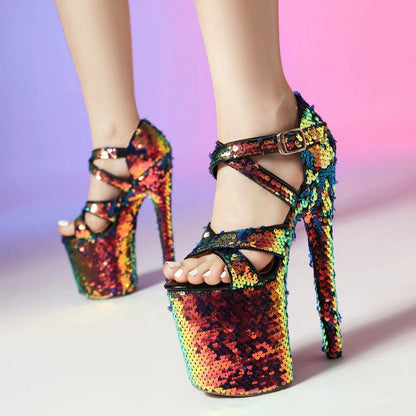 Women Sandals Shine Fine High Heels Open Toe Sexy Party Dress Wedding Shoes Bridal Cross Buckle Dance Platform Sandals 197-3