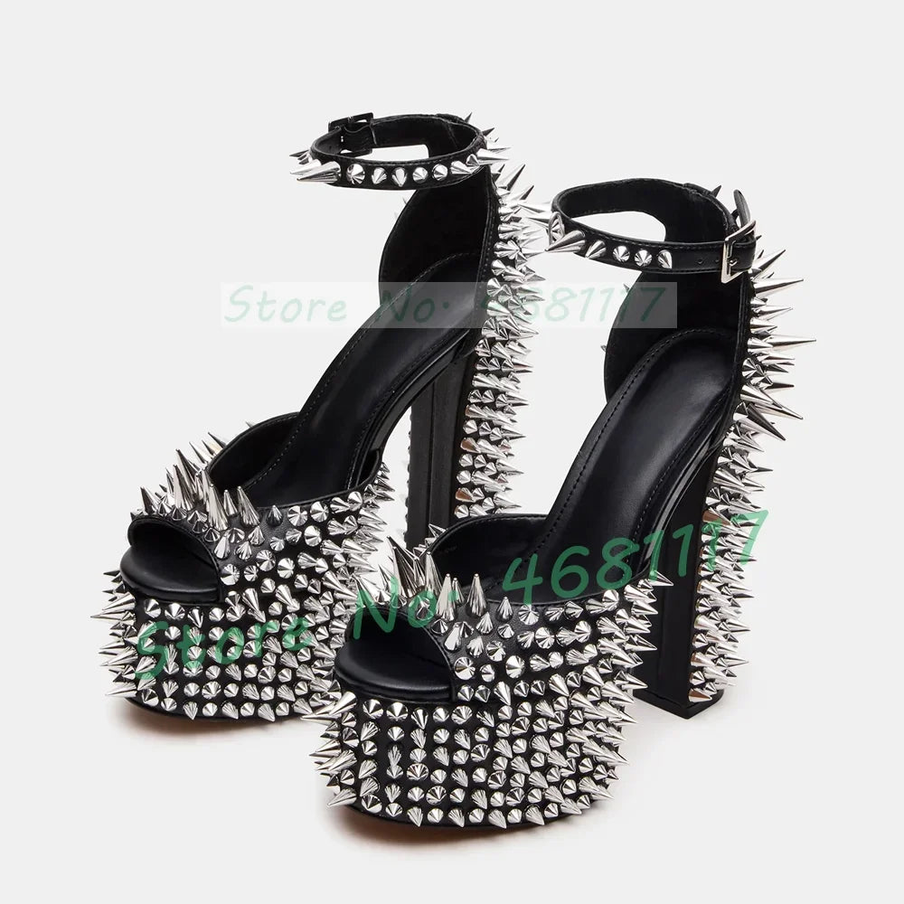 Punk Black Platform Silver Studded Sandals Women Sexy Rivets Decor Moto Block Heel Shoes Ladies Party Ankle Strap Bling Sandals