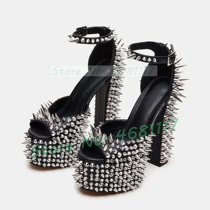 Punk Black Platform Silver Studded Sandals Women Sexy Rivets Decor Moto Block Heel Shoes Ladies Party Ankle Strap Bling Sandals