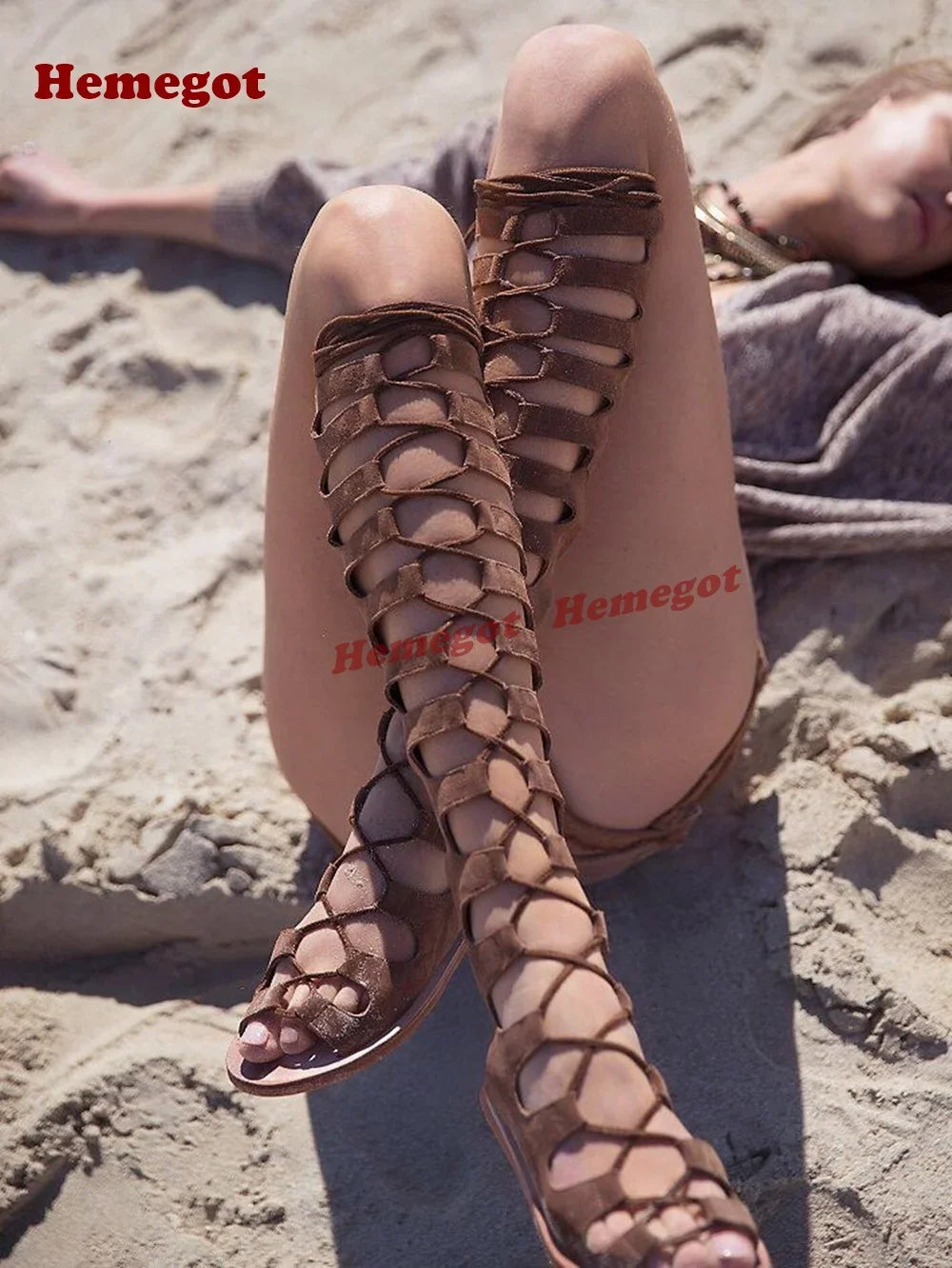 Brown Cut Out Sandals Lace-Up Peep Toe Flat with Women's Sandal Boots Cross Strappy Summer Slingback Shoes Luxury Solid Sexy