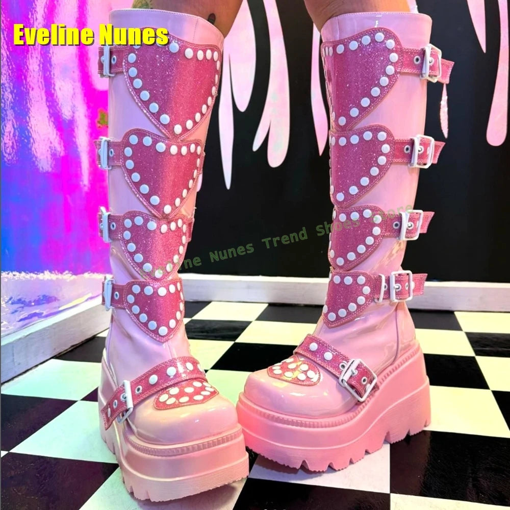 Heart Platform Wedge Knee High Boots Pink Round Toe Thick Sole Belt Buckle Women Y2K Sweet Cool Fashion Shoes Street Style 2025