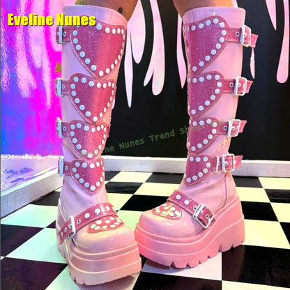 Heart Platform Wedge Knee High Boots Pink Round Toe Thick Sole Belt Buckle Women Y2K Sweet Cool Fashion Shoes Street Style 2025