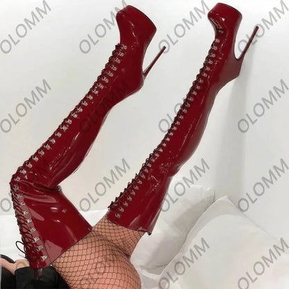Handmade Purple Over The Knee Boots - Patent Leather Platform Stiletto Lace Up OTK Boots Plus US Size 5-20