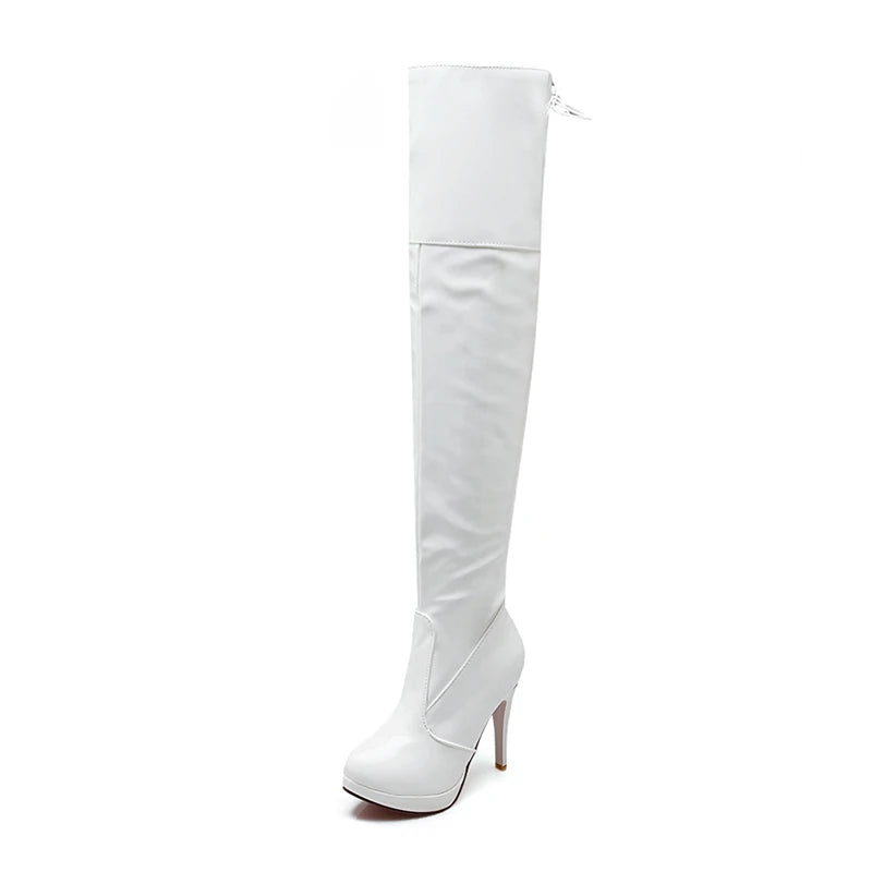 REAVE CAT 2021 Sexy Over The Knee Boots Patent Leather Velvet Round Toe Lace Up Platform 11cm Thin Heel US12 White Red A4348