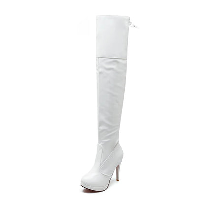 REAVE CAT 2021 Sexy Over The Knee Boots Patent Leather Velvet Round Toe Lace Up Platform 11cm Thin Heel US12 White Red A4348