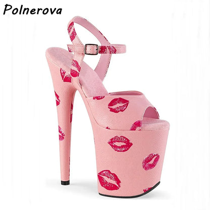 Pink Lip Print Extreme Platform sandals Stiletto Heels Women Peep Toe Ankle Strap Party Shoes summer elegant dress shoes