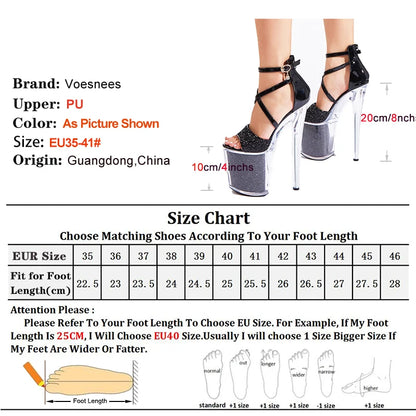 20CM Blingbling Sequin Pole Dance Shoes Summer Model T Show Sandals Women Fashion Platform Crystal Stiletto Extreme High Heels