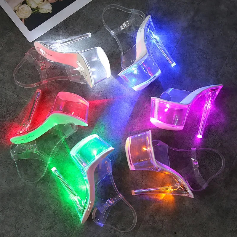 17CM Mclubgirl 34-43 New Heels Nightclub High Heels Shoes Luminous Sandals Shoes Catwalk Pole Dancing Shoes Crystal Bottom LFD
