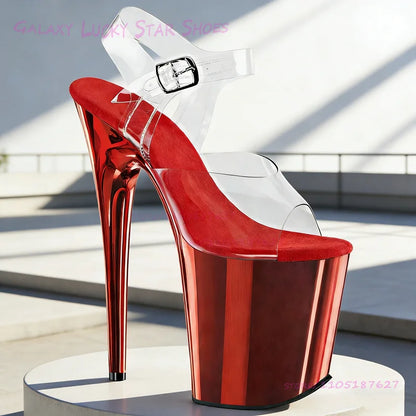 Glitterati Pole Dance Sandals Mirrored Metallic Shine Sexy Stage Shoes 8 inches/20cm Platform Heel Rose Red Open Girl Slingback