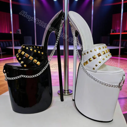 Black Rivet Chain Decor Sexy Slippers Patent Leather Open Toe Summer British Style Women Party Dress Shoes Zapatos Para Mujere