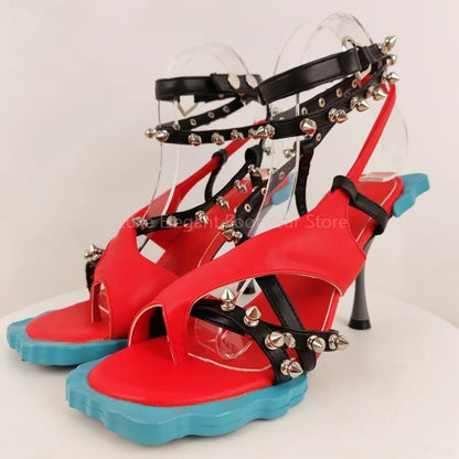 Patchwork Rivets Flower Sole Stiletto Sandals Women Open Toe Buckle Strap High Heels Fashion Trendy Party Catwalk Ladies Shoes