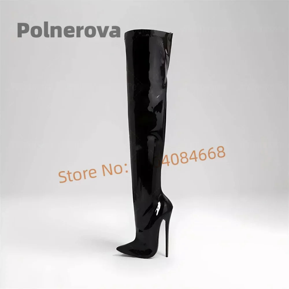 16Cm Patent Leather Long Boots Women Black Pointed Toe Stiletto Sexy Winter Over The Knee Boots Stylish Women's Large Size Shoes