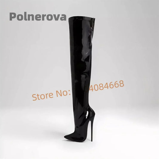 16Cm Patent Leather Long Boots Women Black Pointed Toe Stiletto Sexy Winter Over The Knee Boots Stylish Women's Large Size Shoes