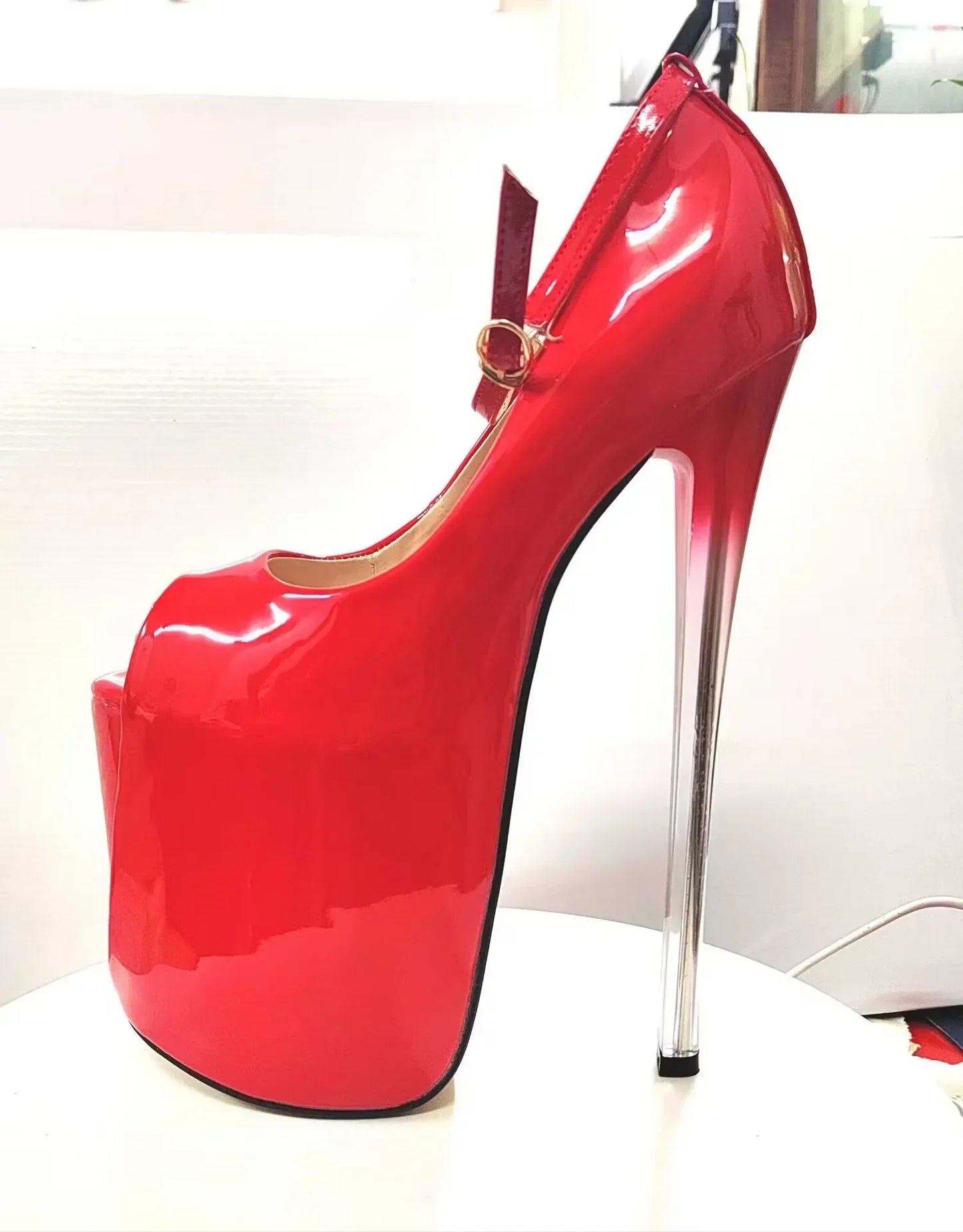 2024 Ultra-high skinny heels 22cm patent skin fish mouth 19cm single shoe runway sexy big size women's shoes sky high 34-43yards