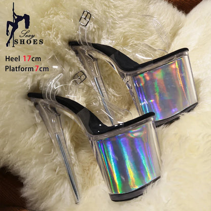 High-quality 17CM/7inches Women Sandals Stripper High Heel Shoes Transparent Platform Glitter Stiletto Pole Dance Shoes Wedding - Grande Heels