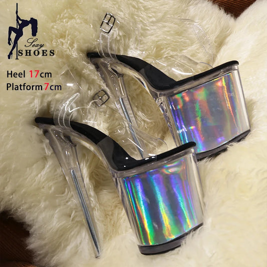 High-quality 17CM/7inches Women Sandals Stripper High Heel Shoes Transparent Platform Glitter Stiletto Pole Dance Shoes Wedding - Grande Heels