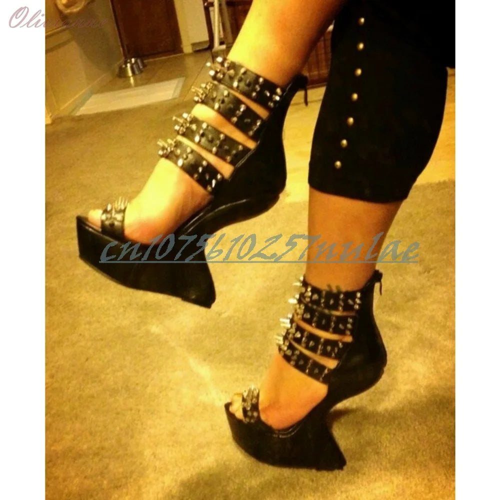 Black Metal Rivets Decor Open Toe Sandals Strange Style High Heel Back Zipper Fashion Sexy Women Shoes 2025 Zapatos Para Mujere