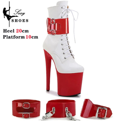 Sexy 20CM/8inches Women Ankle Boots Platform High Heels Strappy Fetish Stripper Shoes Lock Belt Buckle Pole Dance Models Boots