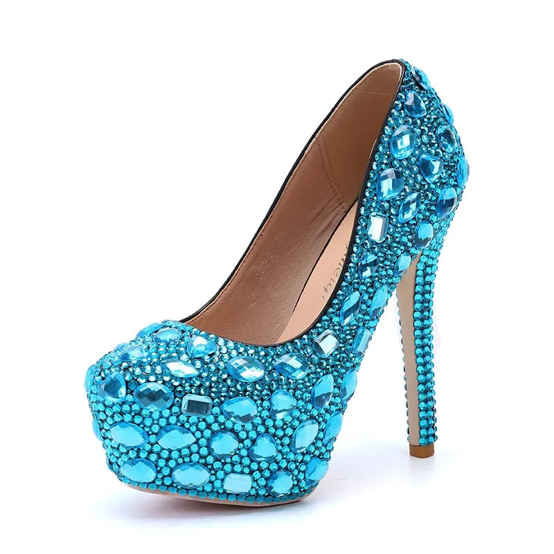 Sexy Fashion Women's Pumps Rhinestone Platform Wedding PU 14CM Thin Heels Round Toe Shallow Party Blue Pole Dancing Woman Shoes