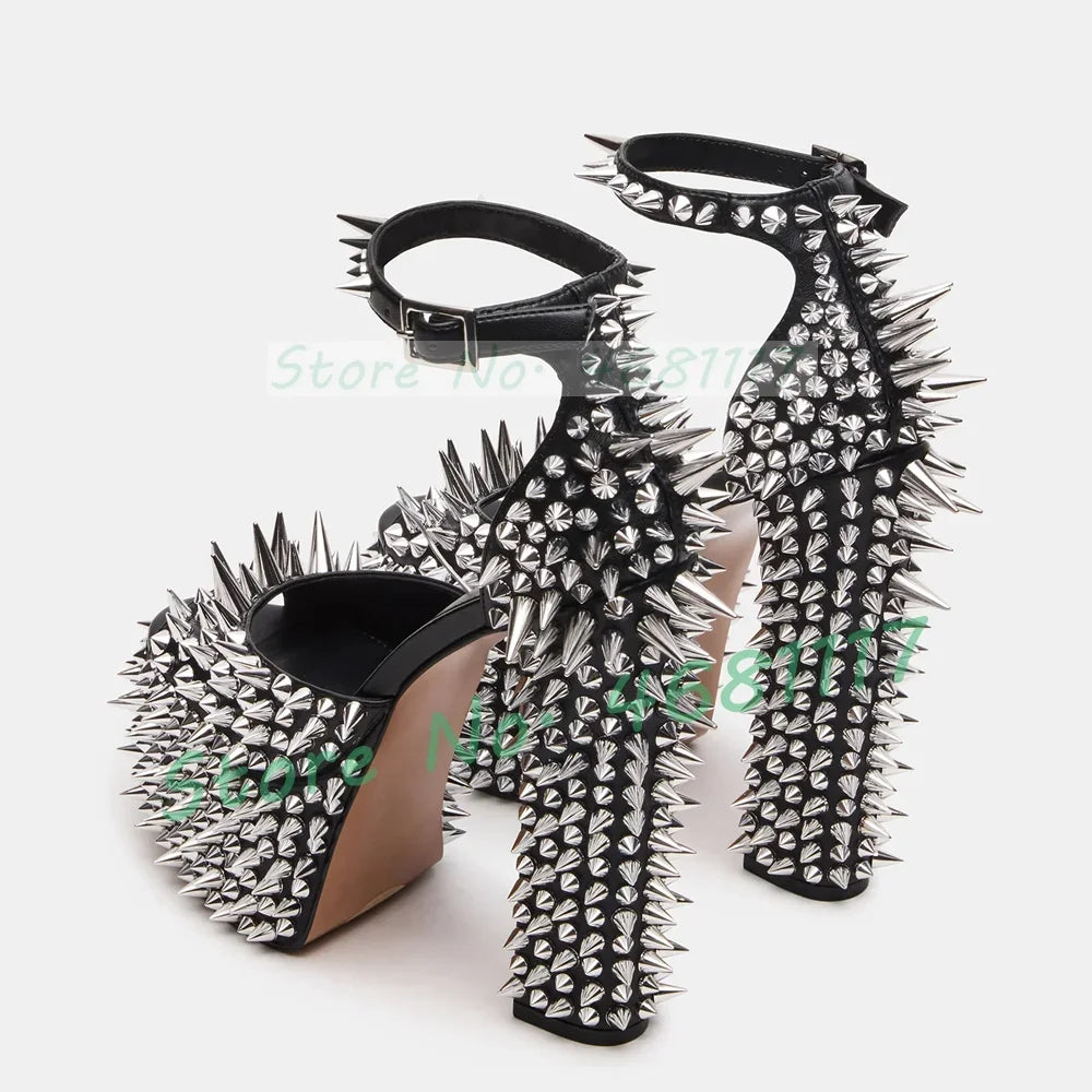 Punk Black Platform Silver Studded Sandals Women Sexy Rivets Decor Moto Block Heel Shoes Ladies Party Ankle Strap Bling Sandals
