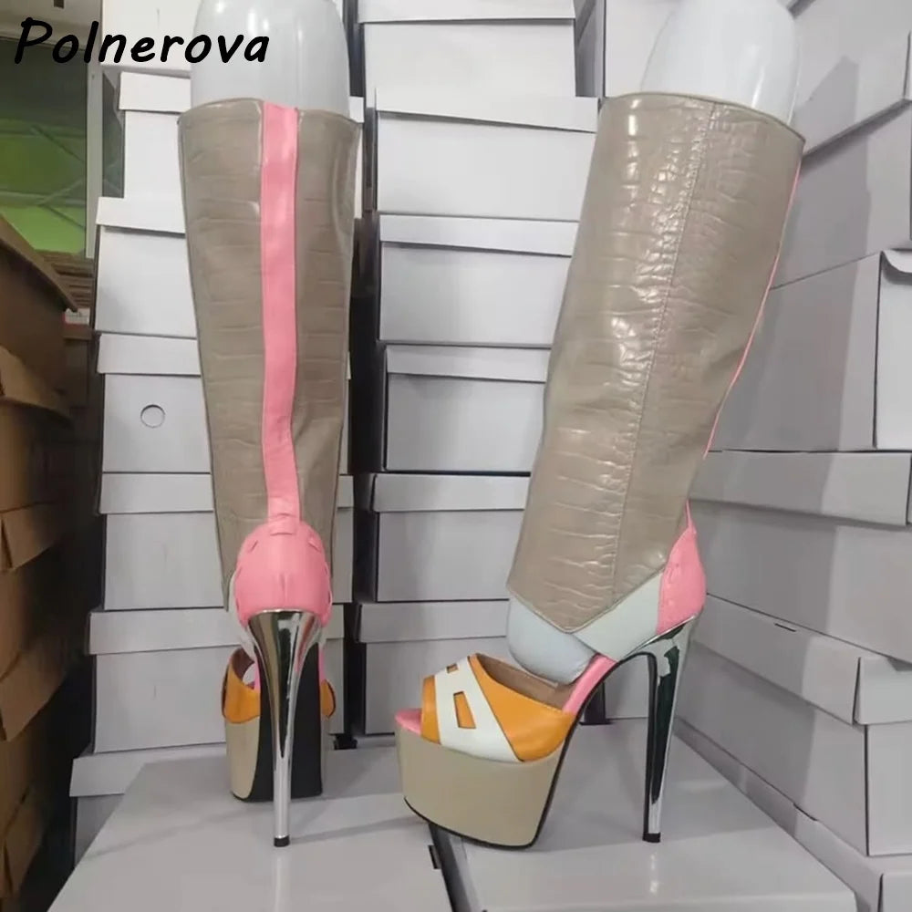 Platform Peep Toe Sandals Boots Patchwork Leather Hollow Fashion Thin Heels Summer Shoes Women's Sexy Mixed Color Shoes 2025