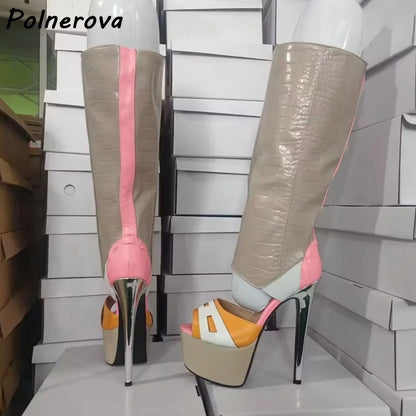 Platform Peep Toe Sandals Boots Patchwork Leather Hollow Fashion Thin Heels Summer Shoes Women's Sexy Mixed Color Shoes 2025