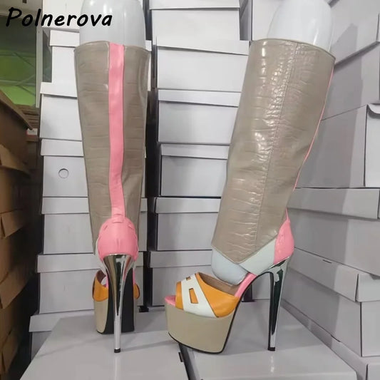Platform Peep Toe Sandals Boots Patchwork Leather Hollow Fashion Thin Heels Summer Shoes Women's Sexy Mixed Color Shoes 2025