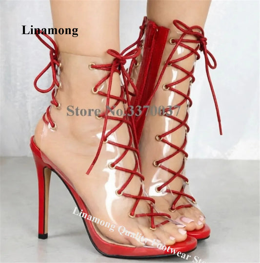 Clear PVC Patchwork Stiletto Heel Gladiator Short Boots Open Toe Red Gold Cut-out Lace-up Transparent High Heel Ankle Booties