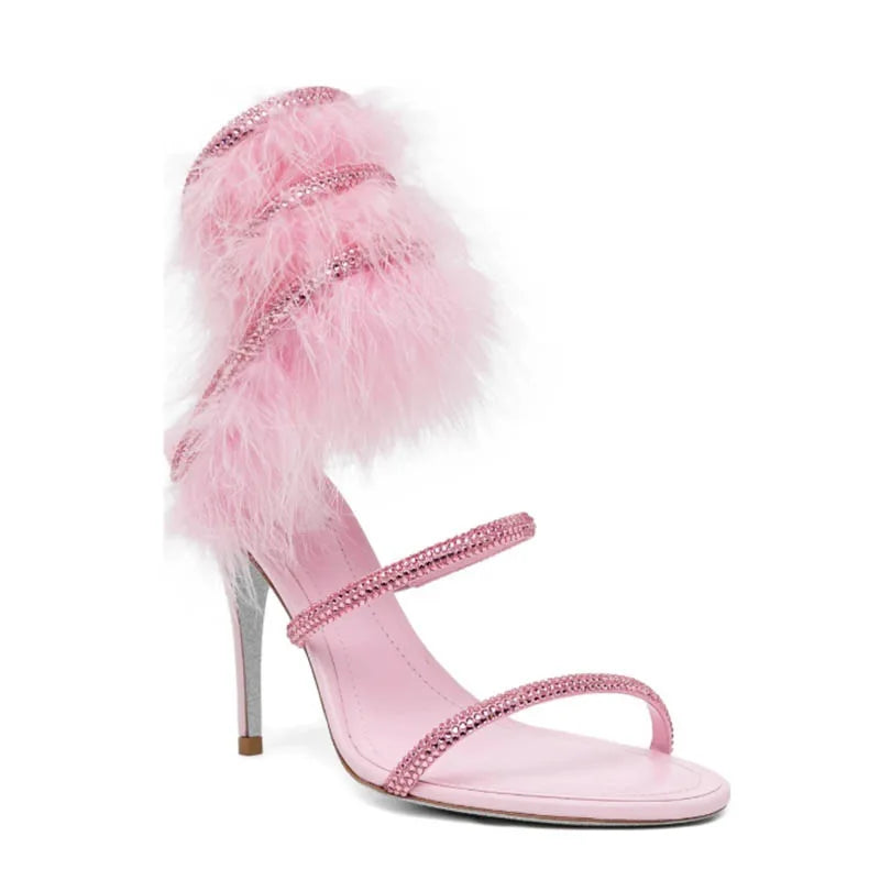 Pink fur ankle warp crystal high heels sandals black summer new in glitter snake luxury designer women's party wedding shoes