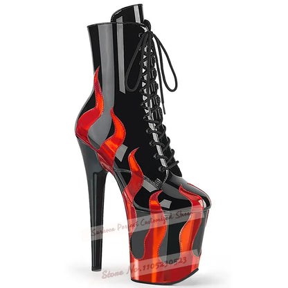 Sky High 20cm Stiletto Heels Pole Dancing Shoes Hologram Iridescent Red Fire Shaped Patchwork Ankle Boots Platform Lace-Up