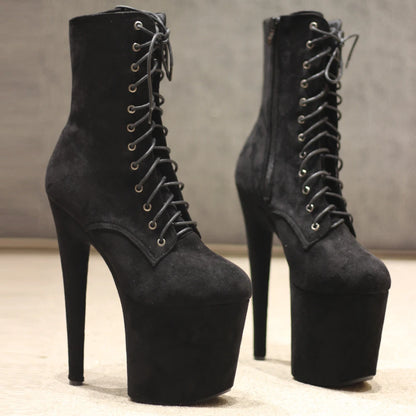 8"Heel 4"Platform Extreme Pole Dance Lace-Up FlannelAnkle Boots In Stock Three Colors Fast Shipping Size36-43