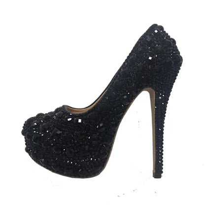 Sexy Fashion Women's Pumps Rhinestone Platform Wedding PU 14CM Thin Heels Round Toe Shallow Party Blue Pole Dancing Woman Shoes