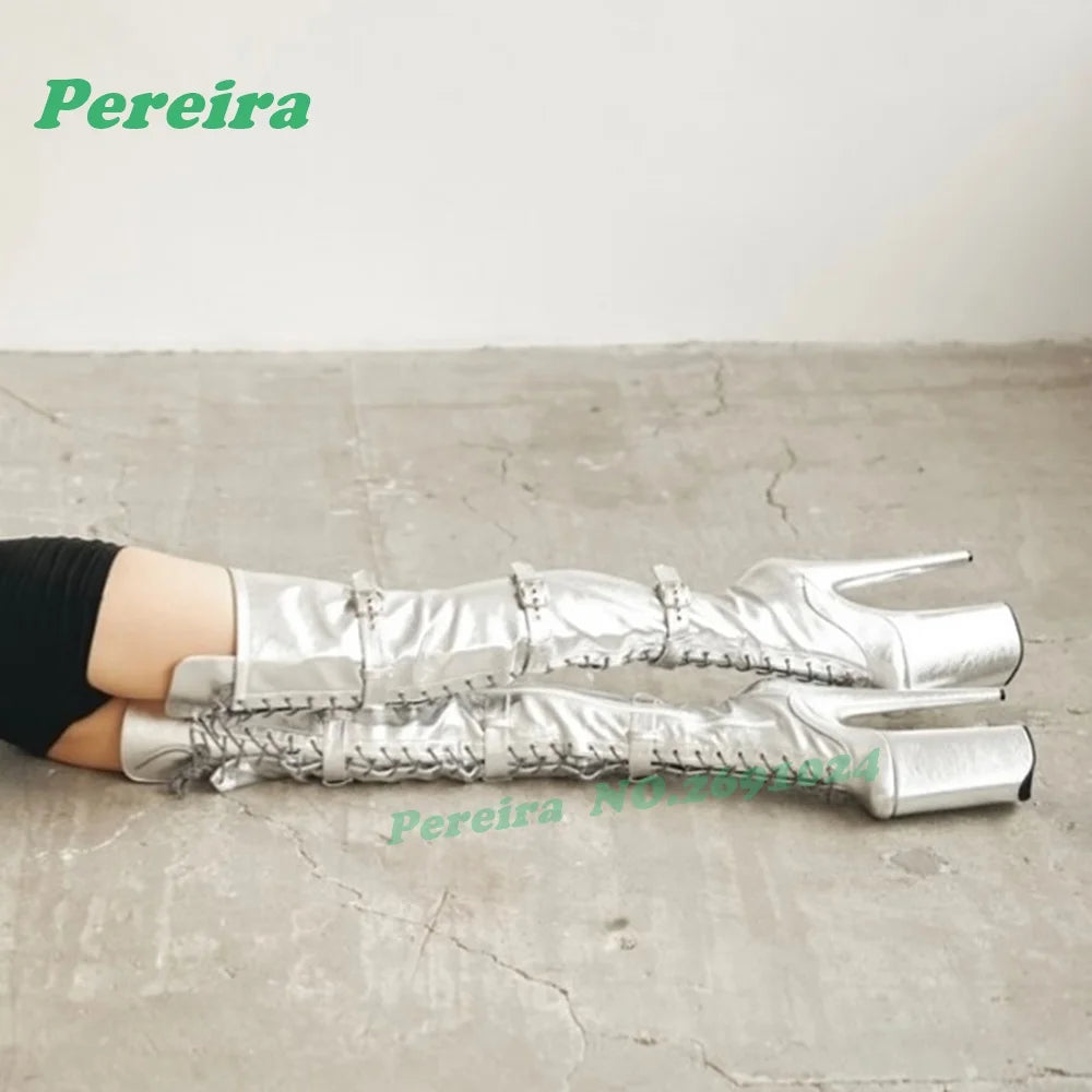 Sage Green Patent Leather Thigh High Boots Platform Pole Dance Stilettos Buckle Women's Long Boots Lace-Up Glossy Nightclub Shoe