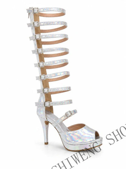2026 Summer Metallic Gold Thigh High Heels Gladiator Wrap Strap Design Ultra High Stiletto Platform Shiny Party Sandals 44