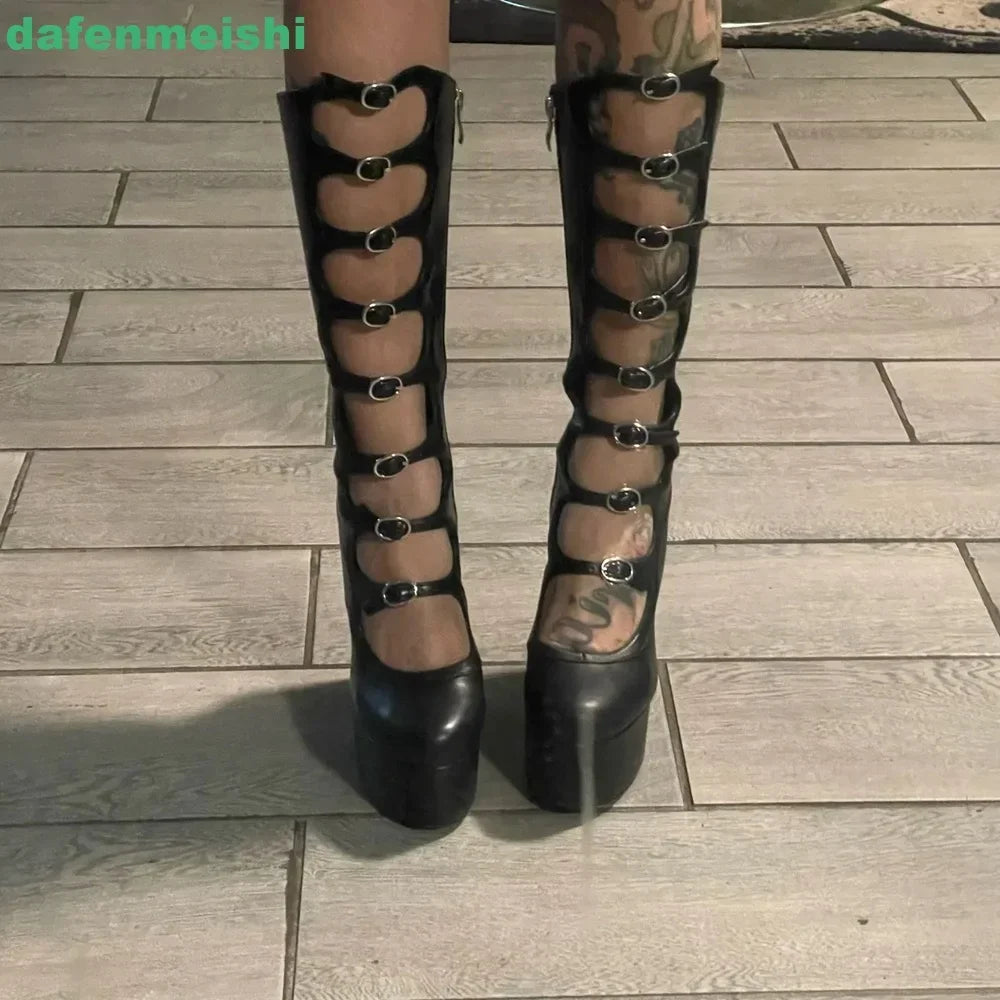 2026 New Hollow Mid-Calf Boots Platform Zipper Square Heel Buckle Strap Women Pole Dance Shoes Fashion Round Toe Sexy Boots