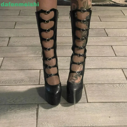2026 New Hollow Mid-Calf Boots Platform Zipper Square Heel Buckle Strap Women Pole Dance Shoes Fashion Round Toe Sexy Boots