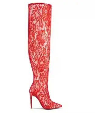 Summer Woman Black Blue Red Lace Clear PVC Air Mesh Pointed Toe 10 12 CM Thin Heels Over The Knee Boots Female Sexy Thigh Boots