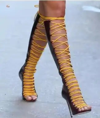 Women Yellow White Black Leather Patchwork Cross Tied Lace Up Peep Toe Thin Heels Zipper Back Gladiator Knee High Sandals Boots