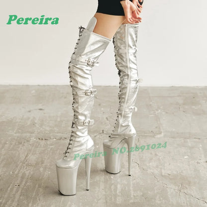 Sage Green Patent Leather Thigh High Boots Platform Pole Dance Stilettos Buckle Women's Long Boots Lace-Up Glossy Nightclub Shoe