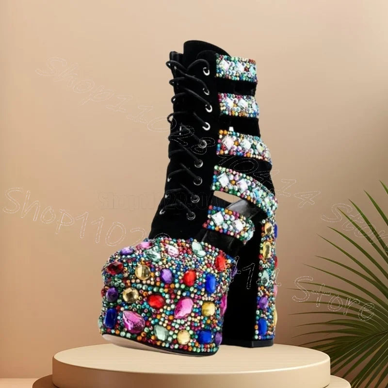 Colorful Crystal Hollow Design Strappy Platform Boots Back Zipper Women Shoes Chunky High Heels Banquet 2026 Zapatos Para Mujere