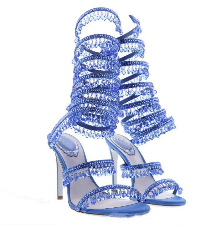 Thin high-heeled sandals summer new snake-shaped wrapped crystal pendant fringed rhinestone shoes banquet large-size women shoes